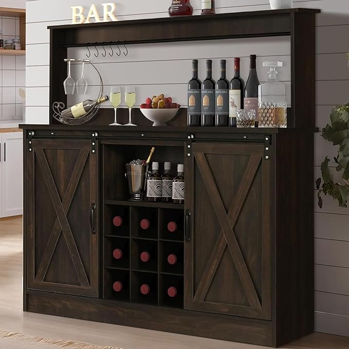 4ever2buy Farmhouse Coffee Bar Cabinet with 9 Wine Racks and 6 Hooks, 47 Inch Wine Cabinet with Storage, Kitchen Buffet Cabinet with Adjustable Shelves for Living Dining Room, Dark Oak