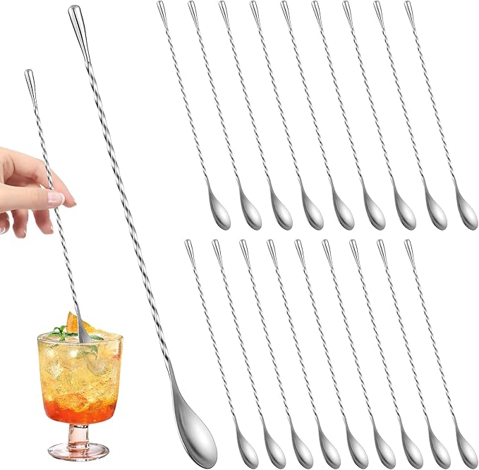 18 Pcs 12 Inches Bar Spoon, Stainless Steel Spiral Pattern Mixing Spoon, Long Handle Cocktail Mixing Stirrers, Long Drink Stirrer for Coffee, Iced Tea, Cocktail Shaker, Silver