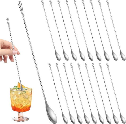 18 Pcs 12 Inches Bar Spoon, Stainless Steel Spiral Pattern Mixing Spoon, Long Handle Cocktail Mixing Stirrers, Long Drink Stirrer for Coffee, Iced Tea, Cocktail Shaker, Silver