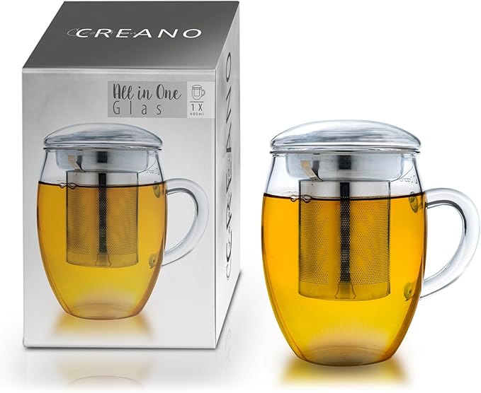 Creano Tea Glass with Stainless Steel Infuser & Glass Lid | 14oz Borosilicate Glass Mug