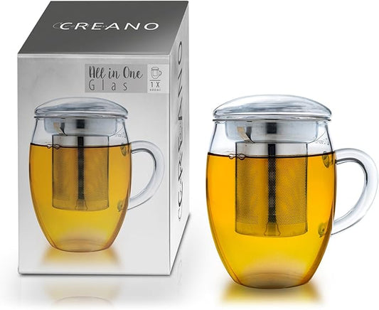 Creano Tea Glass with Stainless Steel Infuser & Glass Lid | 14oz Borosilicate Glass Mug