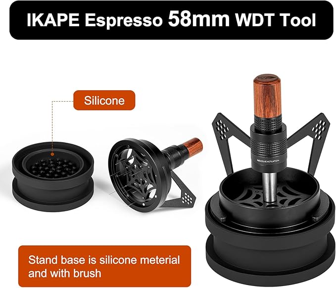 IKAPE Mantis WDT Distribution Tool with Clean Brush, 58.5mm Espresso Stirrer Distribution Tool for Barista, 8 Needle Espresso Stirrer with Dosing Funnel &Stand, Adjustable Needle Height, Walnut Handle