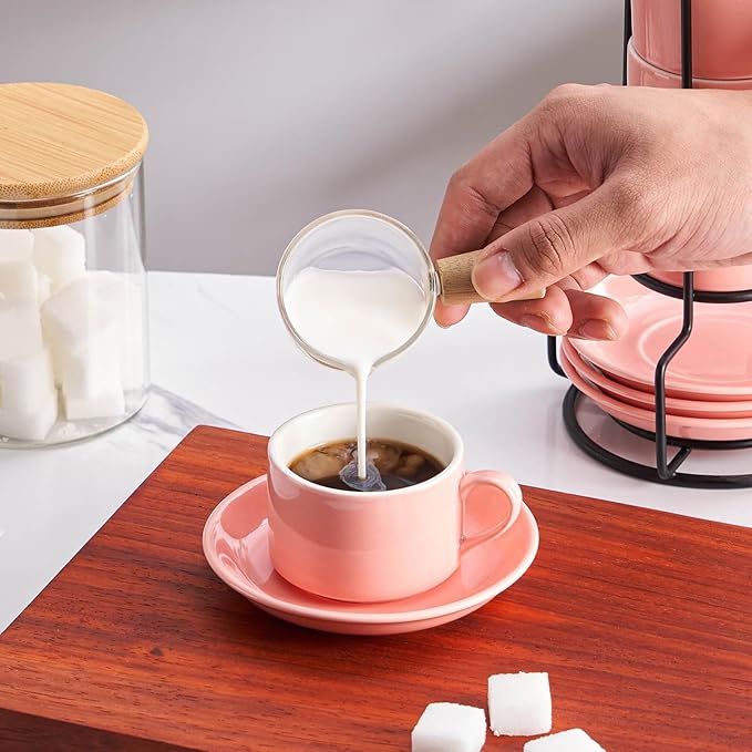 Meichu 4oz Porcelain Stackable Espresso Cups with Saucers and Metal Stand Set of 4, Stackable Espresso Cups Set of 4, Pink Expresso Shots Cup Set for Coffee Drinks, Cappuccino Latte, Americano, Tea