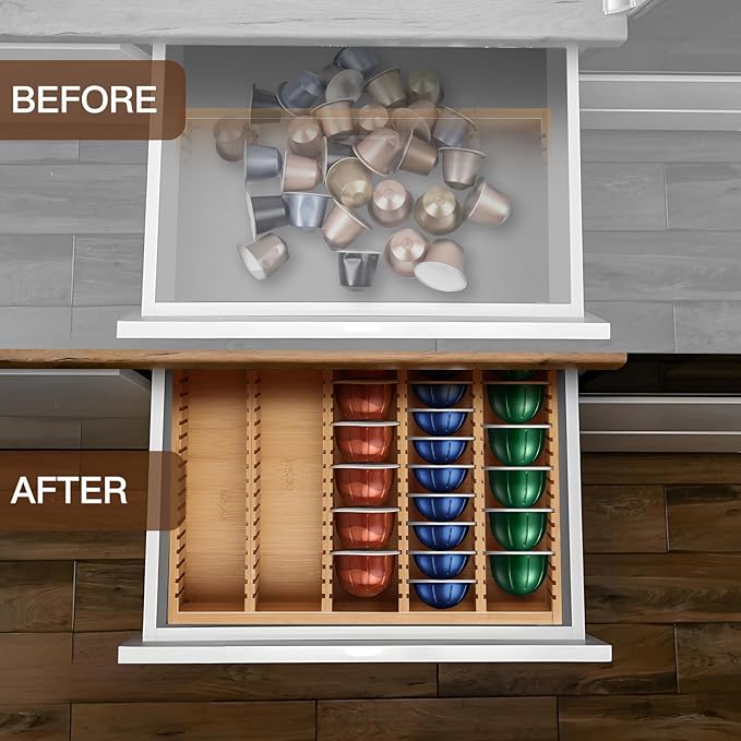 Bamboo Coffee Pod Storage Holder Drawer Insert K Cup Holder Pod Organizer Compatible with Nespresso Vertuo Vertuoline Capsules for Kitchen, Home, Office, Coffee Station Counter