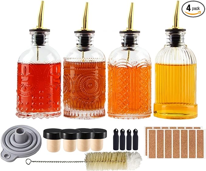 Syrup Dispenser Bottles Set, 4 Pack 7 OZ Bottles With Metal Pour Spout and Labels for Syrups, SC055 (4 Pack)