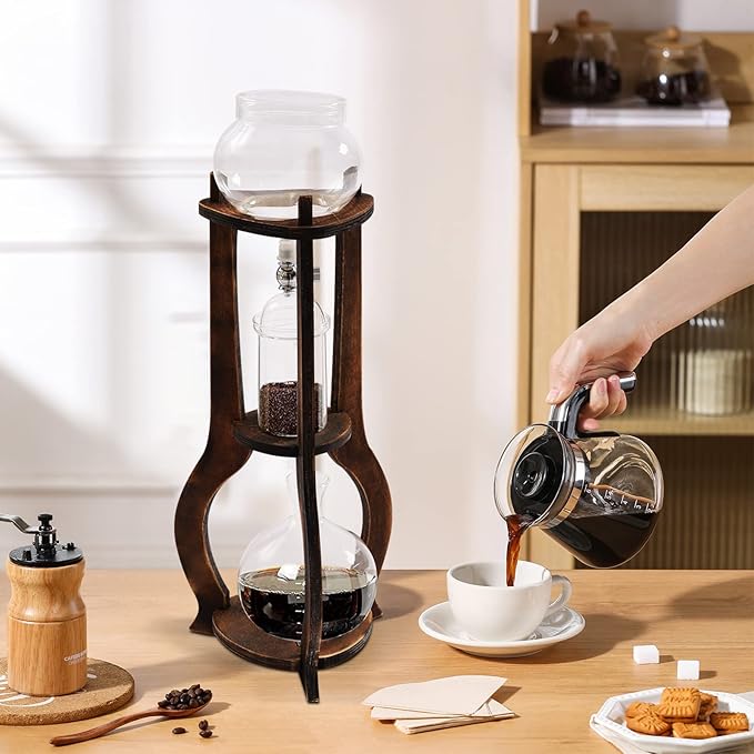 Tower Cold Brew Coffee Maker with Wood Tripod Stand, Adjustable Copper Drip Speed Valve, Ice Coffee Machine for Home, Coffee Shops, Cafes, Offices, Makes 6-8 Cups (Brown)