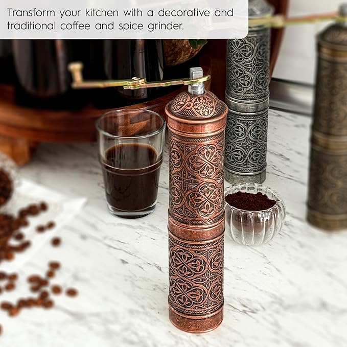 Handmade Turkish Pepper & Coffee Grinder, Refillable Turkish Spice Mill with Adjustable Coarseness, Manual Coffee Mill with Handle, Coffee Grinder Metal with Hand Crank 22 cm-8.66 inch (Bronz)