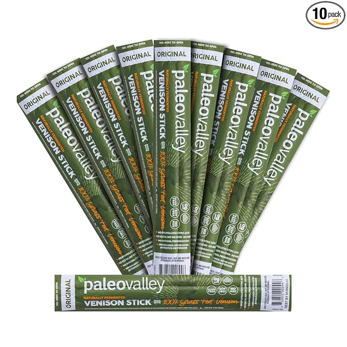 Paleovalley 100% Grass Fed Venison Sticks – 10 Pack – Keto-Friendly, High Protein, Low-Calorie Snack – Omega-3 Rich, Gluten-Free, Nitrate-Free, Naturally Flavored – Healthy On-the-Go Meat Snack