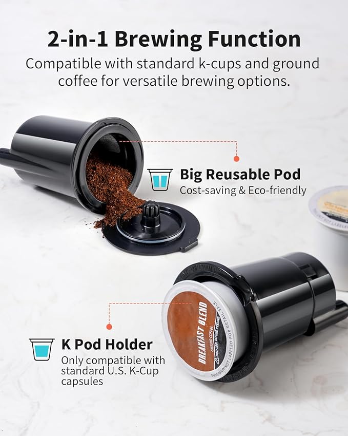 KIDISLE Single Serve Coffee Maker – Hot & Iced, K Cup & Ground Compatible, Reusable Pod Filter, 6–16oz Brew Sizes, 40oz Water Tank, Easy-to-Use, Black