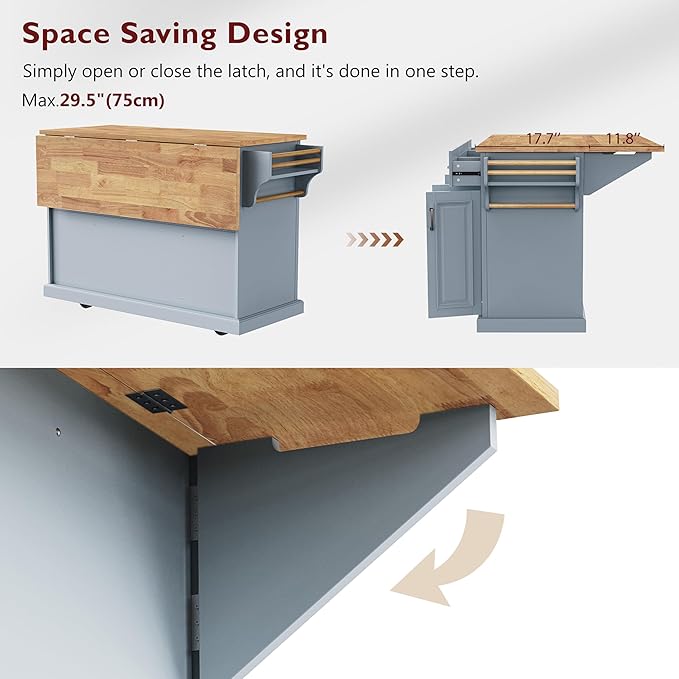 Yayzy Rolling Kitchen Island with Drop Leaf, 4 Cabinet Doors, 3 Drawers & Side Storage Racks, Mobile Kitchen Cart with Rubberwood Top & Locking Wheels for Dining Room & Kitchen, 54-Inch, Grey Blue