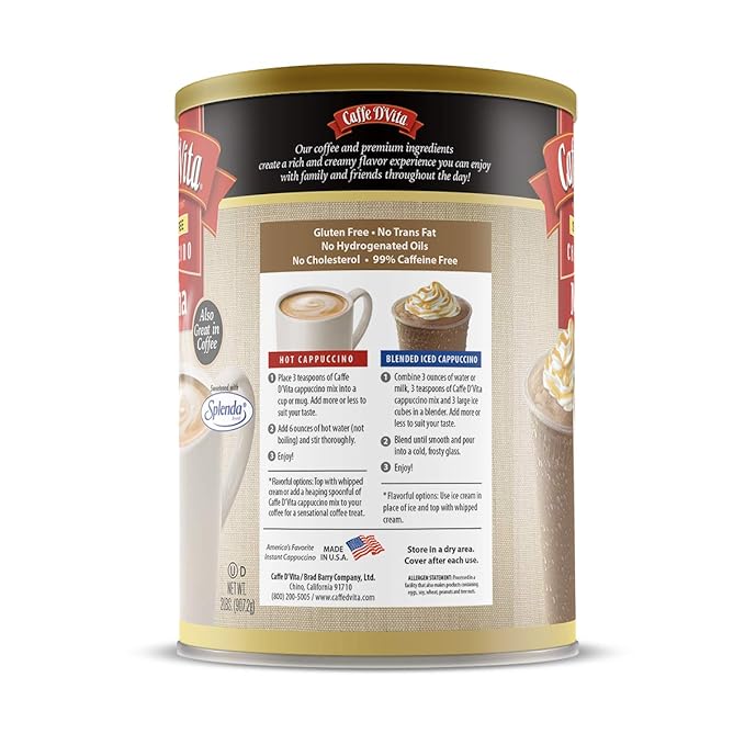 Caffe D'Vita Sugar Free Mocha Cappuccino Mix - Sugar Free Mocha Mix, Gluten Free, No Cholesterol, No Trans Fat, 99% Caffeine Free - 2 lb. (32 oz.) can