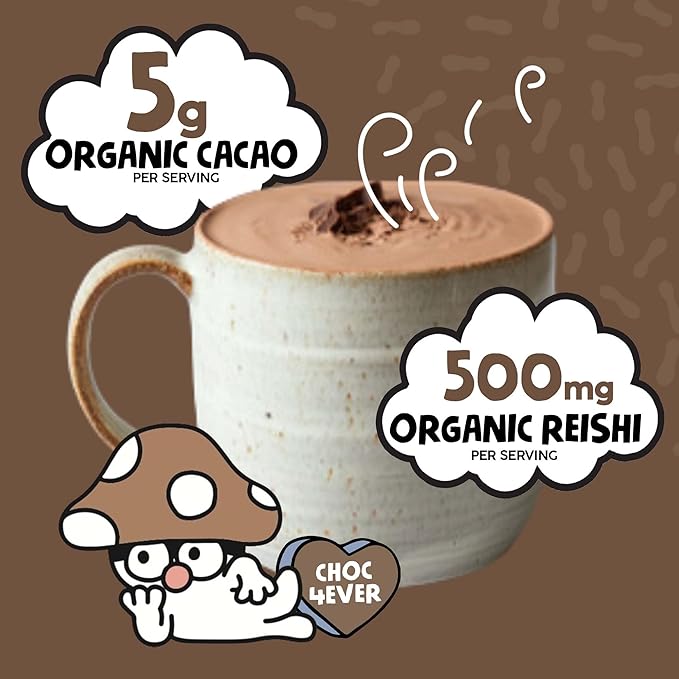 Renude Reishi Cacao Powder - Mushroom Hot Chocolate Drink, Mushroom Coffee Alternative, Hot Cacao Mix with Reishi, Sleep Support, Organic Ingredients - 10 Servings