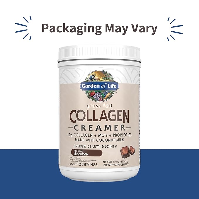 Garden of Life Grass Fed Collagen Creamer Powder - Chocolate, 12 Servings, Powder for Coffee Energy Beauty Joints, Collagen Peptides with Coconut MCTs, Keto Protein Supplements