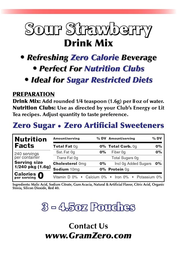 GramZero Sour Strawberry Zero Calorie Sugar Free Drink Mix, Great For Nutrition Club Loaded Tea, Stevia Sweetened