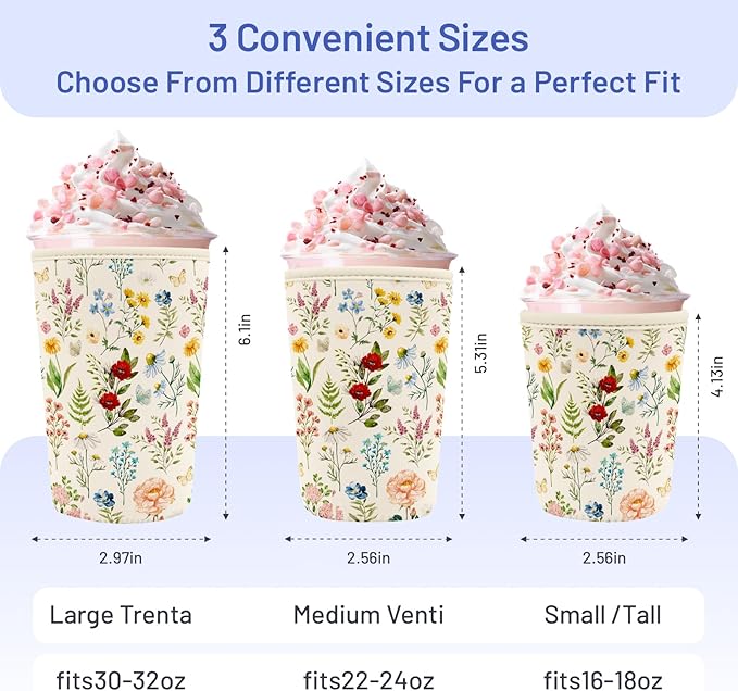Iced Coffee Sleeve Reusable Cup Sleeves for Cold Drinks Neoprene Koozie Cozy Plastic Cup Covers for Drinks, Floral