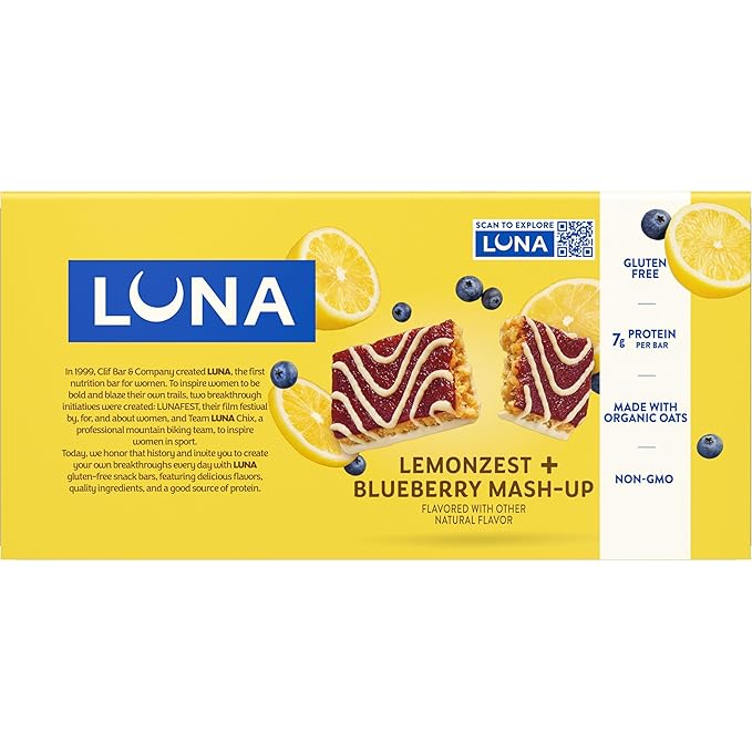 LUNA Bar - Mash-Ups LemonZest + Blueberry Flavor - Gluten Free Snack Bars - Non-GMO - Protein Bars - Made with Organic Oats (15 Pack)