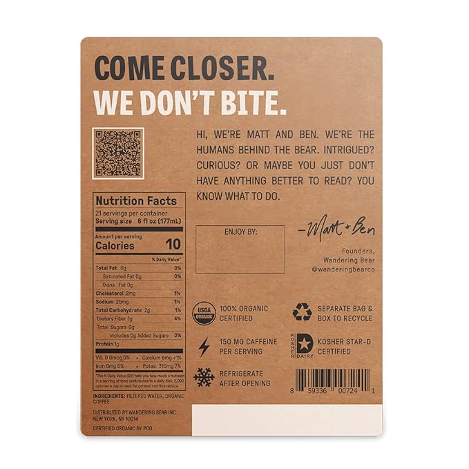 Wandering Bear Straight Black Organic Cold Brew Coffee On Tap, Iced Coffee Drink - Extra Strong, Bold, Smooth, No Sugar Added, Shelf-Stable, Ready to Drink & Vegan, 100% Organic - 128 fl oz (1 gallon)