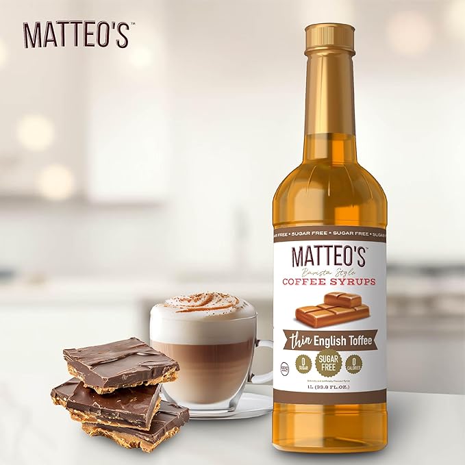 Matteo's English Toffee Syrup for Coffee, Lattes, Cappuccinos & Desserts – Sugar-Free Sweetener for Beverages, Keto Friendly, Zero Calories, Indulgent Flavor, Non-Alcoholic, 33.8oz (6pk)