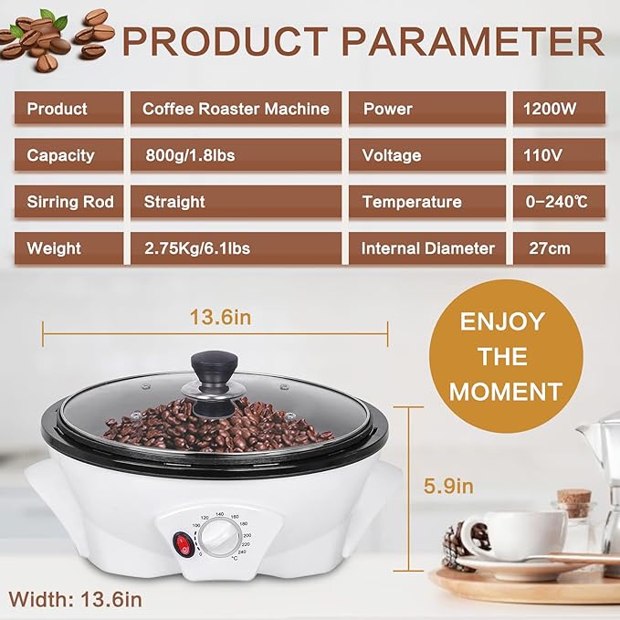 JIAWANSHUN Electric Coffee Bean Roaster - 800g Capacity, 0-240C Temperature Control, 1200W, 110V
