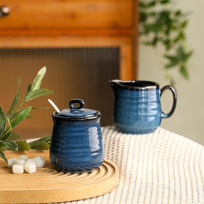 Ceramic Sugar and Creamer Container Set of 3,10 Ounce Cream Pitcher,11 Ounce Sugar Bowl with Lid and Spoon,Farmhouse Coffee Bar Accessories Set for Serving,Microwave & Dishwasher Safe,Blue