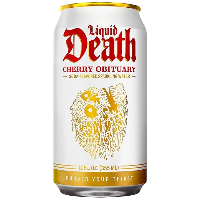 Liquid Death Soda-Flavored Sparkling Water - Cherry Obituary, Less Sugar*, Huge Flavor, No Caffeine, No Artificial Sweeteners, 12 Fl Oz (Pack of 12)