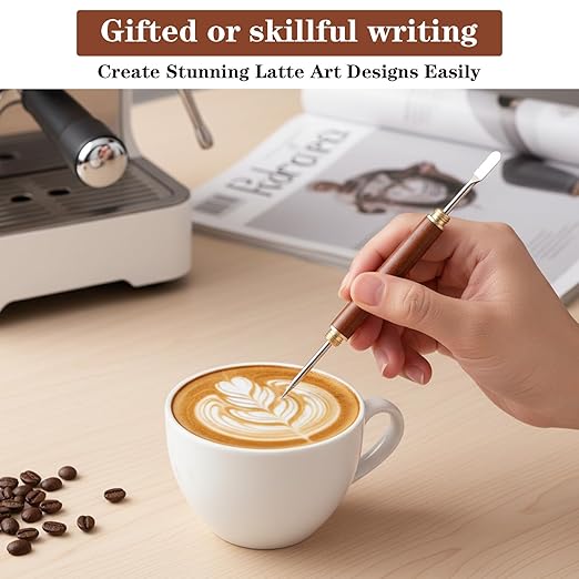 2pcs Coffee Art Pen, Stainless Steel Latte Art Tools with Lid, Lattes Pen with Wood Handle, Dual-Head Design, for Creating Professional Espresso Tools, Home, Travel, Cafe Use