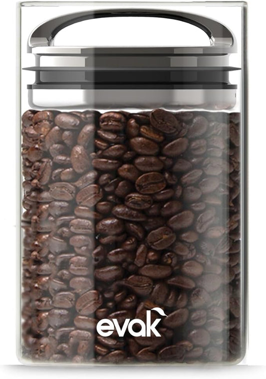 Best PREMIUM Airtight Storage Container for Coffee Beans, Tea and Dry Goods - EVAK - Innovation that Works by Prepara, Glass and Stainless, Compact Dark Chrome Handle, Medium