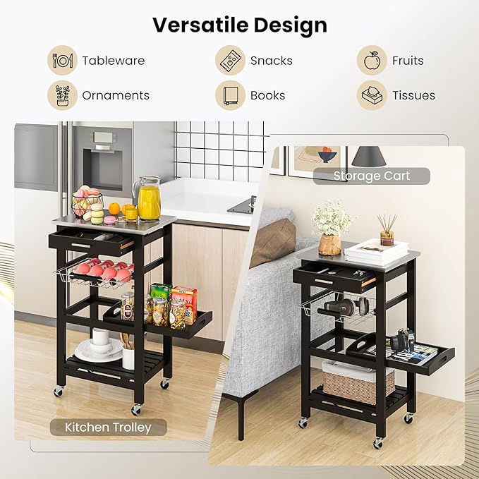 Giantex Kitchen Island Cart, Mobile Kitchen Storage Cart with Stainless Steel Tabletop, Drawer, Basket, Shelf, Serving Tray, Rolling Utility Trolley Cart on Wheels for Coffee Bar Dining Room, Black