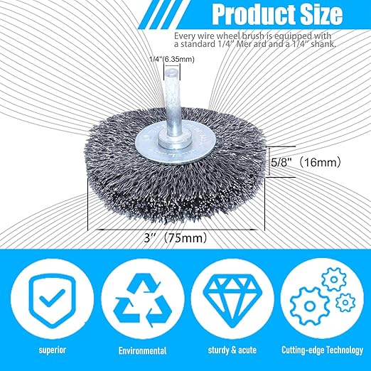 HOYIN 5-Pack 3" Coarse Crimped Carbon Steel Wire Wheel Brush - 0.012" Bristles, 5/8" Face Width, 1/4" Mounted Stem for Drills & Grinders - Heavy-Duty Design