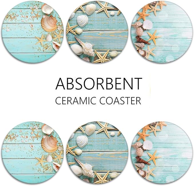 Britimes Coaster for Drinks Set of 6, Beach Seashells Wooden Nautical Wood Sand Table Coastal Absorbent Round Ceramic Stone Mat, with Cork Base and Metal Holder, Gift for Housewarming Room Bar Decor