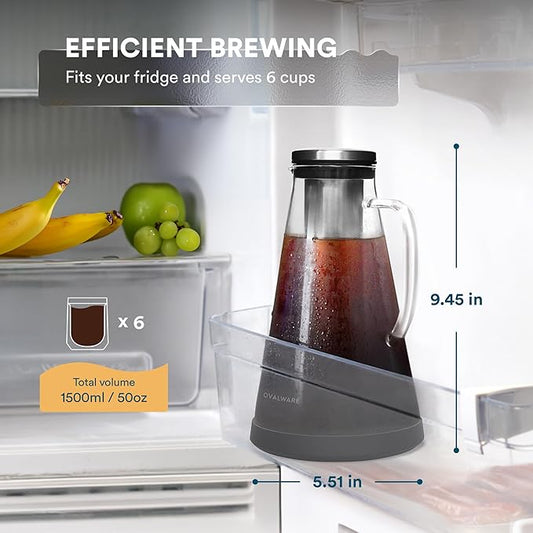 OVALWARE Airtight Cold Brew Iced Coffee Maker Pitcher (& Iced Tea Maker) with Spout – 1.5L/ 51oz Brewing Glass Carafe with Removable Stainless Steel Filter
