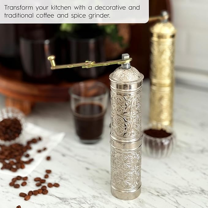 Handmade Turkish Pepper & Coffee Grinder, Refillable Turkish Spice Mill with Adjustable Coarseness, Manual Coffee Mill with Handle, Coffee Grinder Metal with Hand Crank 22 cm-8.66 inch (Silver)