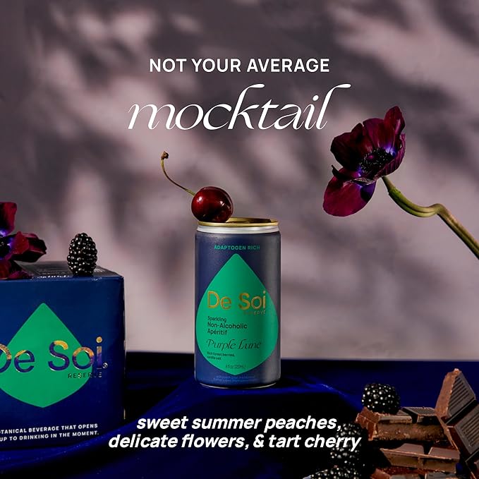 De Soi Purple Lune Mocktails NA Drinks 8 fl oz (12-pack) - Adaptogen Drink, Sparkling Drink with Calming Botanicals, Mocktail Drinks, Gluten Free, No Artificial Flavors