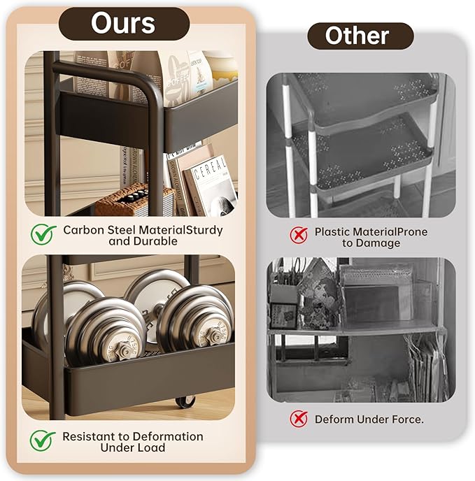 3 Tier Metal Rolling Utility Cart Organizer with Walnut Table Top, Stable and Sturdy Rolling Storage Carts with 2 Lockable Wheels for Kitchen，Bathroom，Snacks，Coffee，Craft，Makeup，Baby Essentials