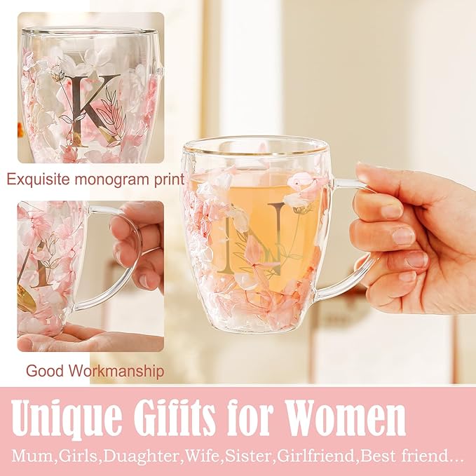 Personalized Gift for Women Flower Glass Coffee Mug Initial Tea cup Monogrammed Customized Bridesmaid Bride Wedding Gifts Graduation Gifts Valentine Mother's Day Birthday Christmas Gift (N)