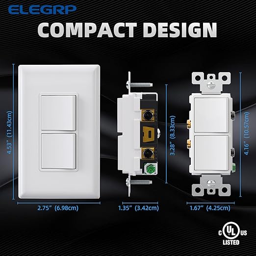 ELEGRP Single Pole Decorator Double Rocker Switch, 15A 120V, in-Wall On/Off, Self-Grounding, Screwless Wall Plate, UL Listed (1 Pack, Glossy White)