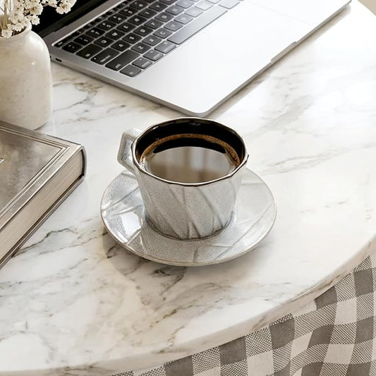 MyBudsBuzz Ceramic Espresso Cups with Saucers 6 oz,Coffe Cups for Cappuccino,Latte,Tea with Saucers Set of 4 - Geometry - Gray