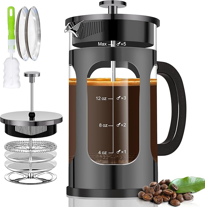 YMMIND French Press Coffee Maker (21oz 600ML 3-4Cup) Coffee Press, with 4 Filters System, Heat Resistant Thickness Borosilicate Glass, Cold Brew Coffee Tea Pot Gifts (Bright Black)