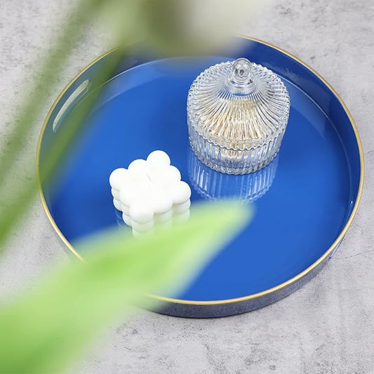 Spsyrine Round Blue Decorative Tray, 13" Plastic Serving Table Tray with Handles for Breakfast, Ottoman, Coffee Table, Bathroom, Kitchen, Living Room