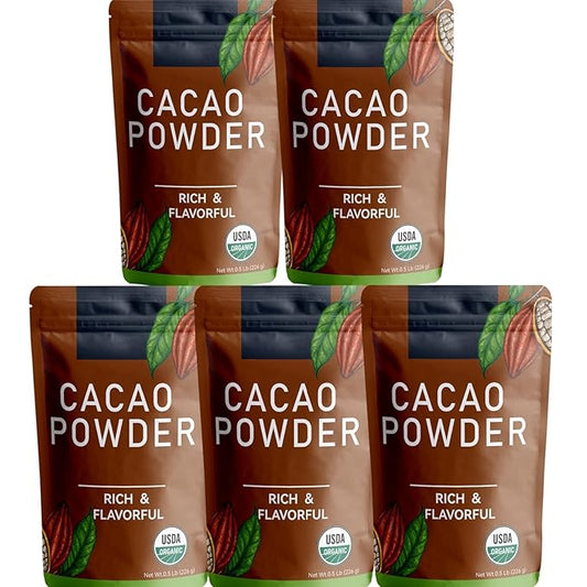 226g/5pack, Premium Raw Cacao Powder - 100% Organic Unsweetened Cocoa for Smoothies & Hot Chocolate, Non-Alkalized, Dairy-Free, Paleo Certified, Resealable Bag