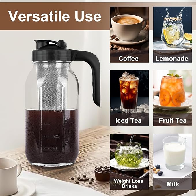 Cupluw Cold Brew Coffee Maker Pitcher,32 Oz Glass Mason Jar Pitcher with V-shaped Pour Spout Handle Lid,Stainless Steel Filter for Iced Coffee,Iced tea,Breast Milk,Fruit Drinks,lemonade-Black