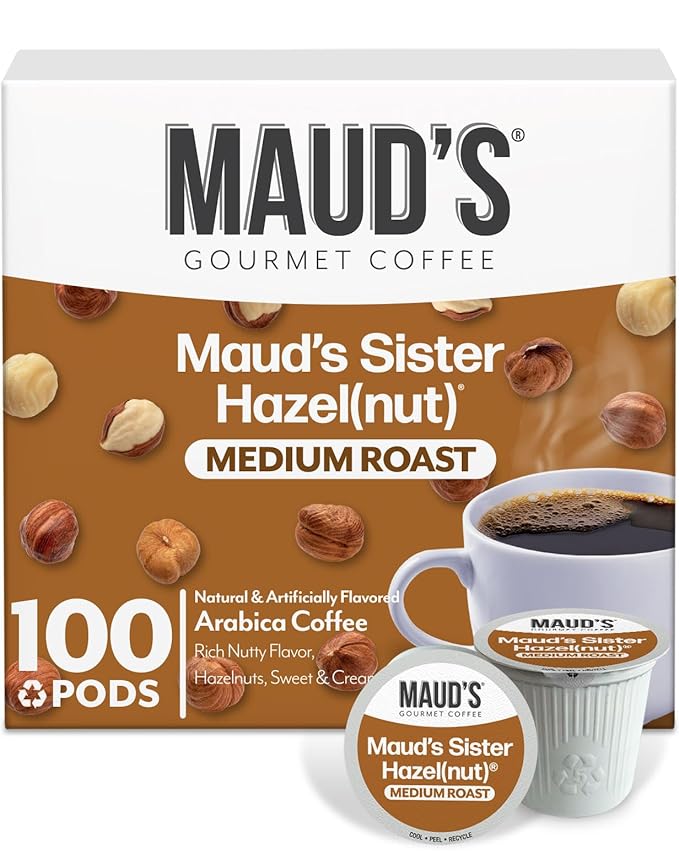 Maud's Sweet Hazelnut Flavored Coffee Pods, 100 ct, Medium Roast Flavored Coffee in Recyclable Single Serve Pods – 100% Arabica Beans, Compatible with Keurig K Cups Maker
