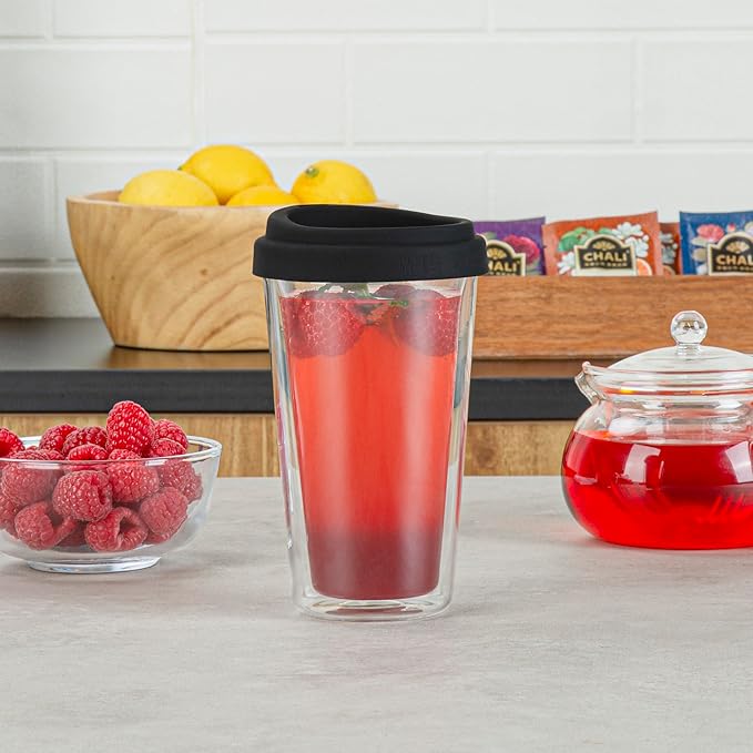Restaurantware Glass Travel Mug 1 Count 14 Ounce Double Wall Borosilicate Reusable Coffee Cup, Spill-Resistant Black Silicone Lid, Clear Drinkware Mug for Hot and Cold Beverages