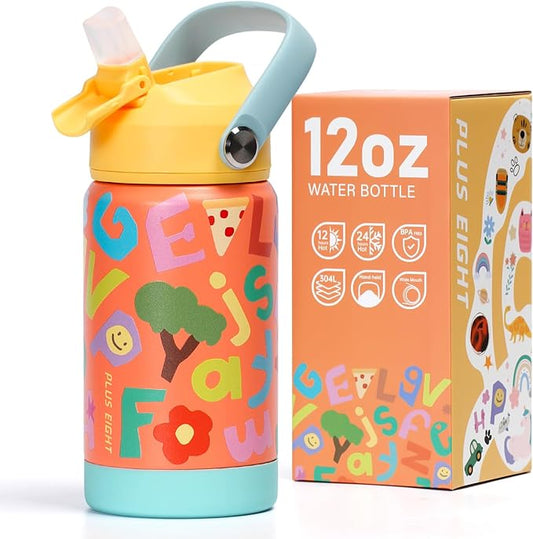 Kids Insulated Water Bottle with Straw Lid, 12 oz BPA-FREE Double Wall Vacuum Tumbler 18/8 Stainless Steel Leak Proof Kids Cups with Straw for School Travel Boys Girls (Orange Letters)
