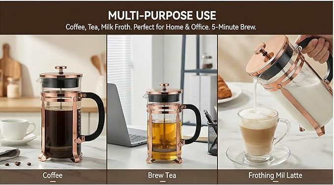 French Press Coffee Maker 21oz, 304 Stainless Steel 4Mesh Filter, Borosilicate Glass, Heat-Resistant, BPA-Free,Glass Carafe with Measurement Markings, Easy to Clean, forHome, Office & Gift