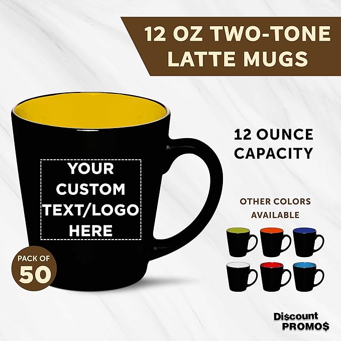 Custom Ceramic Coffee Latte Mugs 12 oz. Set of 50, Personalized Bulk Pack - Perfect for Coffee, Tea, Espresso, Hot Cocoa, Other Beverages - Yellow