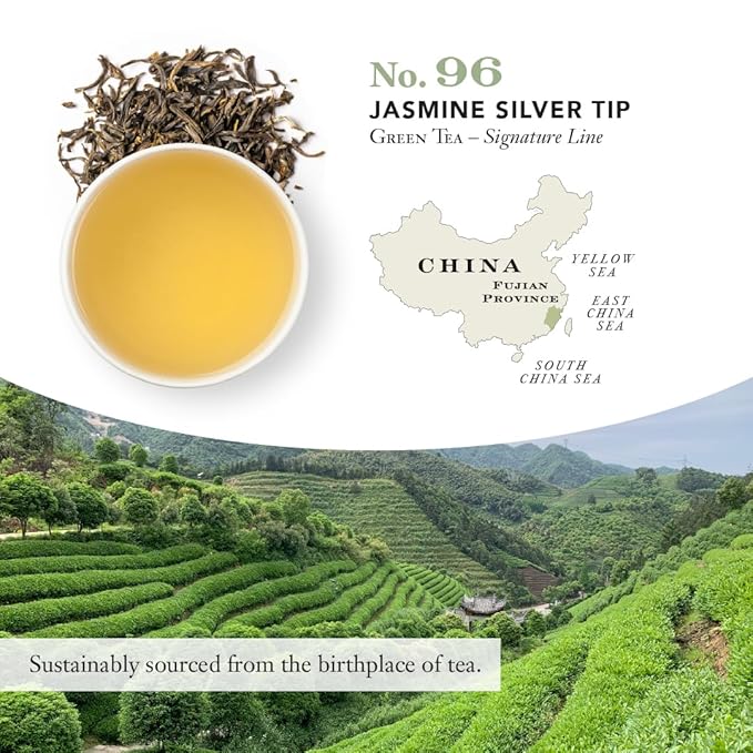 Steven Smith Teamaker Jasmine Silver Tip No. 96 Green Tea with Jasmine Blossoms, Caffeinated, Sugar-Free, Sustainably Grown, Full Leaf, Plant Based Green Tea Bags, 36 Sachets, 1.3oz each