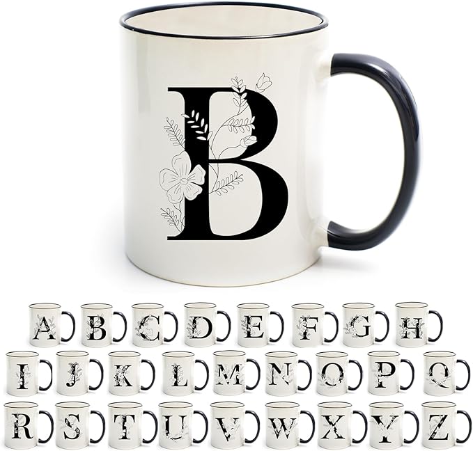 Monogram Ceramic Coffee Mugs, 11 oz Initial Drinking Cup with Gift Box, Unique Birthday Valentines Day Gifts for Women Wife Mothers Day Grandma Mom Aunt, B