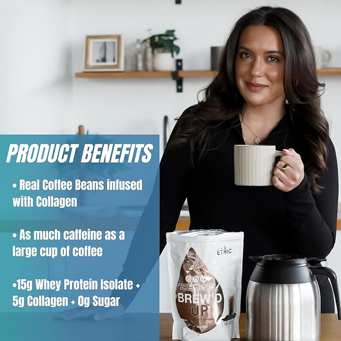 Sweat Ethic Brew’D UP Collagen Protein Coffee, Whey Isolate & Collagen Peptides, Natural Caffeine, Low Lactose, No Added Sugar, Easy-Mix Protein Coffee Powder, Caramel Frappe Flavor, 15 Servings