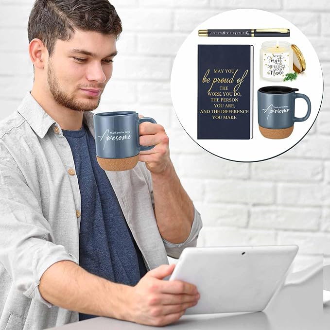 4 Pcs Thank You Gift Set for Men Women Employee Coworker Gifts Inspirational Appreciation Notebook Coffee Mug Scented Candle Pen for Valentine's Day Team Office Staff Teacher Volunteer
